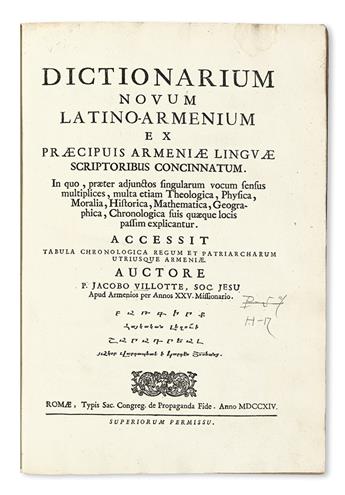 GRAMMARS, DICTIONARIES, etc.  VILLOTTE, JACQUES, S.J. Dictionarium novum Latino-Armenium. 1714
